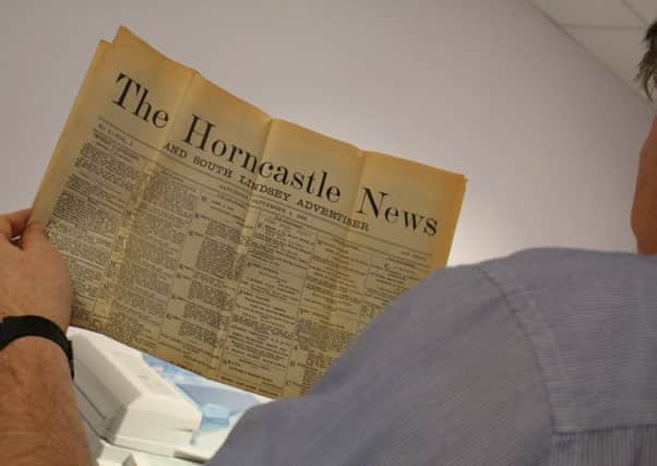 The front page of the very first edition of the Horncastle News from  Saturday, September 5, 1885.