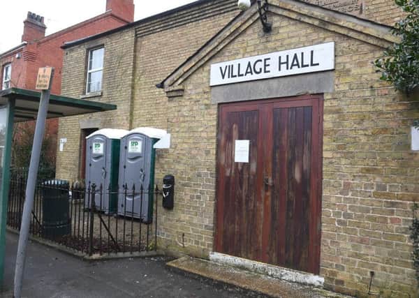 Heckington Village Hall with portaloos outside as drains are all blocked. EMN-180502-101848001