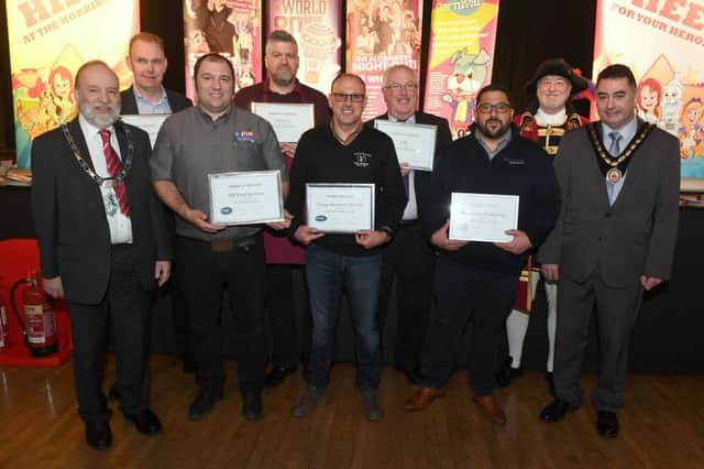 Award winners at the Caterex Trade Show at the Richmond Centre, Skegness. Also pictured are Coun Tony Howard, chairman of East Lindsey District Council (left), Mayor of Skegness Coun Danny Brookes (right) and Skegness Town Crier Steve O'Dare. ANL-180702-182233001