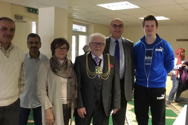 Mayor of Boston Coun Brian Rush, deputy Coun Barrie Pierpoint and Mayoress Jayne Rush and members and visitors to the mosque. Photo supplied.