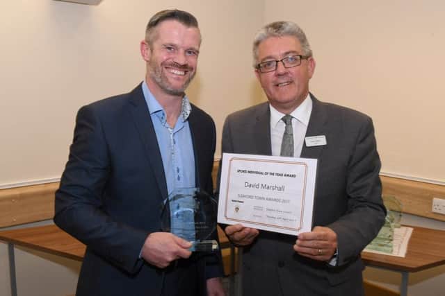 Sleaford Town Awards 2017. Sports Individual of the Year David Marshall, presented by Sleaford Town Clerk Kevin Martin. EMN-180503-121417001
