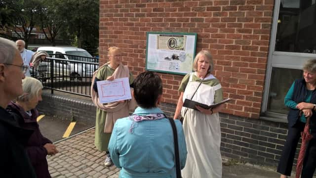 Sheila Jonkers (right) at the start of one of her tours of Roman Horncastle.