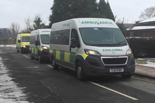 Ambulances line up ready to transport patients.