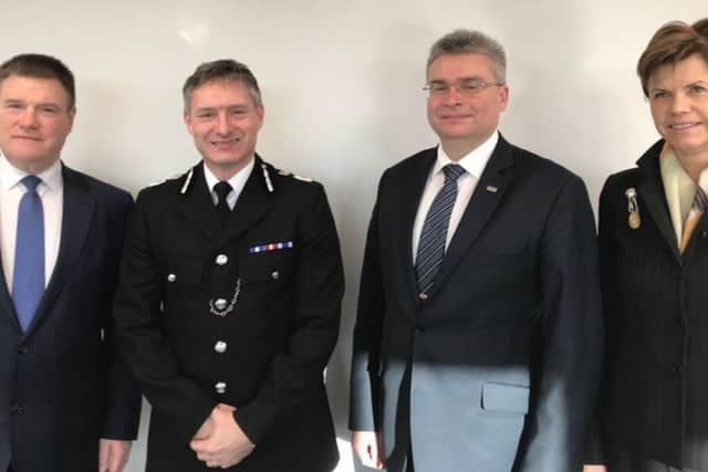 (L-R) Deputy Andrejs Grisins, Chief Constable Bill Skelly, Chief Ints Kuzis, Ambassador Baiba Bra~e. Photo supplied EMN-180803-111735001