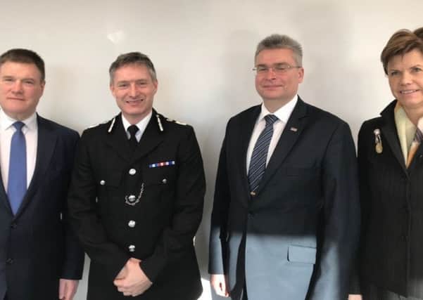 (L-R) Deputy Andrejs Grisins, Chief Constable Bill Skelly, Chief Ints Kuzis, Ambassador Baiba Bra~e. Photo supplied EMN-180803-111735001