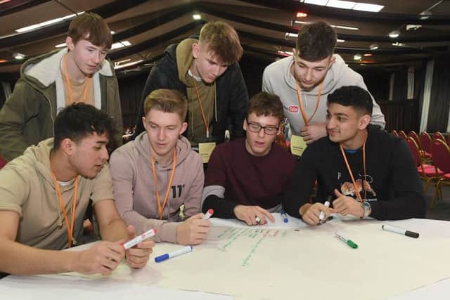 Careers' Day at Springfields Events and Conference Centre. L-R Mido Turki 17, Jenson Bark 17, Taylor Gray 17, Seth Greaves 17, Sam Booth 17, Dawid Holub 18, Wali Butt 17 of Boston Grammar School. EMN-180903-112611001