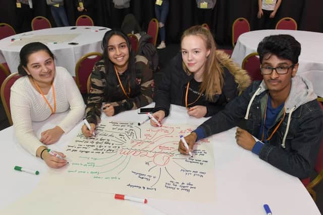 Careers' Day at Springfields Events and Conference Centre. L-R Sharavi Verma 17, Rhea Panswani 17, Ada Dmitrijevaite 17, Joshua Elias 18 of Boston Grammar School EMN-180903-112549001