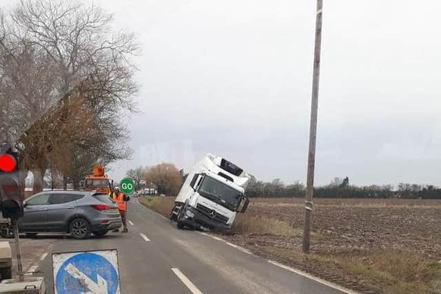 The lorry which slipped into a dyke on the A52 at Wrangle. Photo: Diana Buff. ANL-180315-123124001