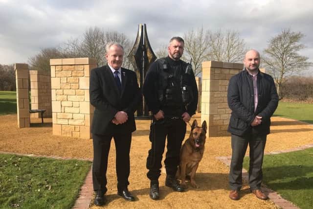 From left, deputy PCC Stuart Tweedale, dog handler Karl Pownall with police dog Boris and PCC Marc Jones.