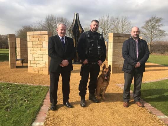 From left, deputy PCC Stuart Tweedale, dog handler Karl Pownall with police dog Boris and PCC Marc Jones.