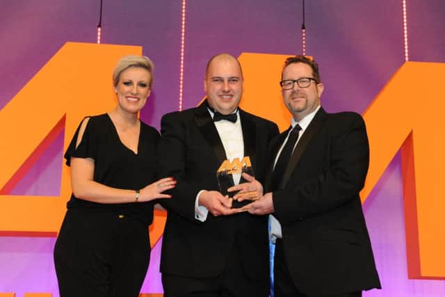Pictured (from left) awards host Steph McGovern, of BBC News, Darren Bradford, and sponsor presenting Martin Peters, of Autoclenz Group.
