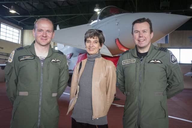 From left, Wing Commander Lewis Cunningham, British Ambassador to Greece Ms Kate Smith CMG, and Group Captain Group Captain Mike Baulkwill. Picture: SAC Nicholas Egan/UK MOD Crown Copyright 2018. EMN-180326-161523001