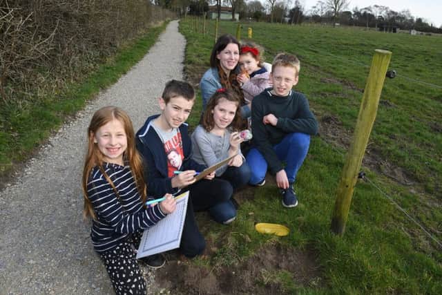 Grand opening of footpath linking Great Carlton and Little Carlton. L-R Holly Wilson 10, Fernando Horry 11, Delilah Horry 10, Angela Horry, Indiana Horry 3 and Jordon Wilson 13 taking part in the treasure hunt along the footpath.