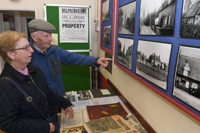 Helpringham History Society exhibition at Helprringham Village Hall. Alison and John Bourne of Helpringham. EMN-180204-091014001