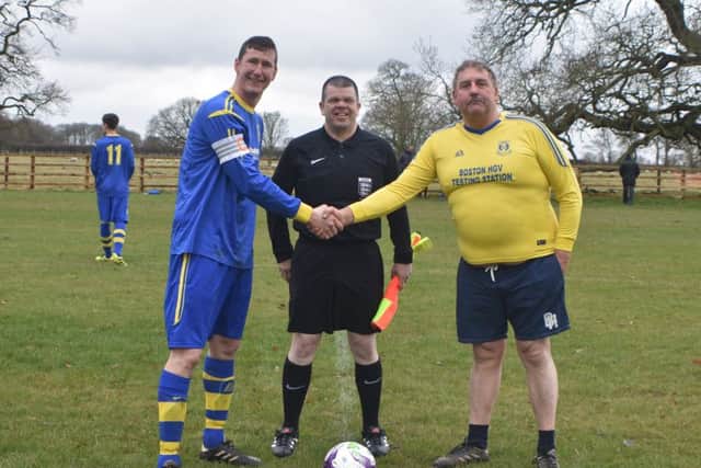 Preparing to kick off! Park skipper Craig Mountain, Old Boys captain David Benton and referee for the day Darren Hunt. Photo: Darren Trapps - Endeavour FM Sport.