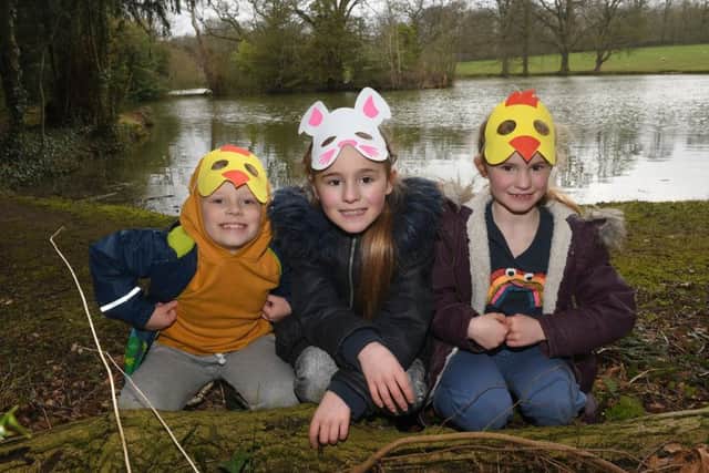 Easter Egg Hunt at Rauceby Hall, with access to the lambing sheds and daffodil gardens. L-R Fred Munson 7, Metilda Fifield 8 and Elsie Fifield 6. EMN-180204-090806001
