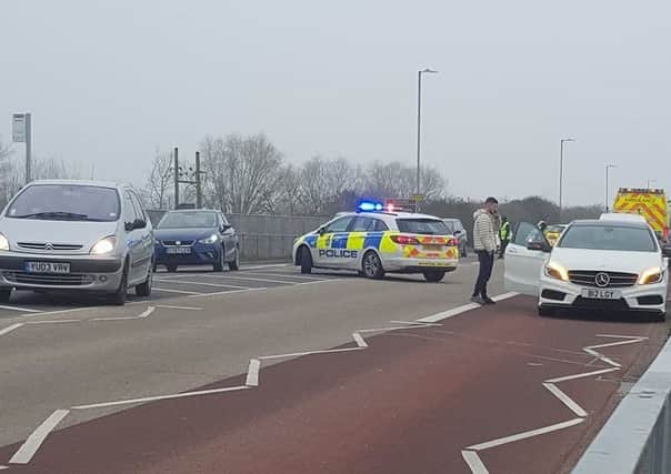 Police at the scene of the accident outside Butlins this afternoon. Photo: Craig Price ANL-181004-173020001