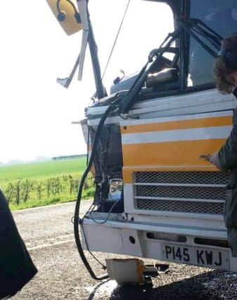 The front of the damaged Coopers bus. (Photo: Jordan Louise Powell).