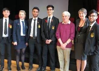 Professor Richard Henderson with pupils at Queen Elizabeth's Grammar School, Horncastle. EMN-180423-111611001