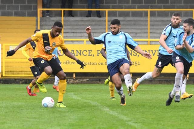 Boston United v Telford football action.