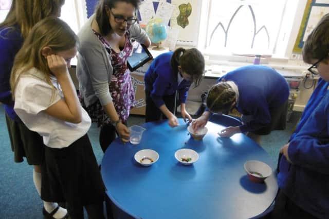 Pupils gather round and separate Skittles sweets as part of an experiment. EMN-180205-141141001