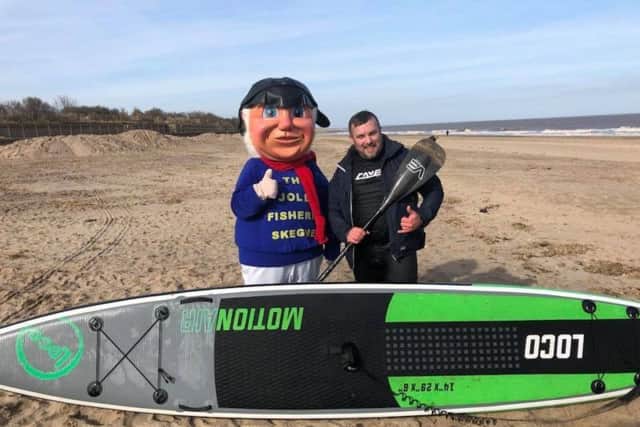 Jolly Fisherman ready to get on board with ASI surf instructor Phil May iwho is hoping to promote SUP paddle boarding at the British Kitesports Championships in Skegness on May 19-20.. ANL-180205-143230001