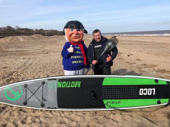 Jolly Fisherman ready to get on board with  ASI surf instructor Phil May iwho  is hoping to promote SUP paddle boarding at the British Kitesports Championships in Skegness on May 19-20.. ANL-180205-143230001