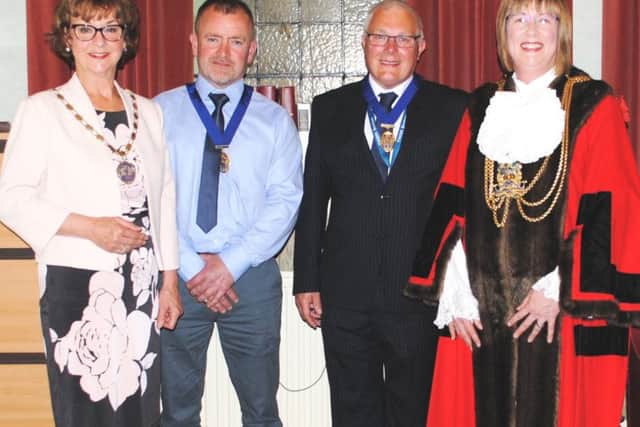 Bostons new Mayor Judith Skinner, right, with her husband and consort Paul Skinner, Deputy Mayor Yvonne Stevens and her consort, her eldest son Vincent Forinton pictured after the Mayor Making ceremony at the annual general meeting of Boston Borough Council last night.