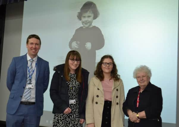 Matthew Davies, Head of History, with Sir William Robertson Academy Year 12 students Jessica Tagg and Elizabeth Richardson and holocaust survivor Joanna Millen. EMN-180520-114106001