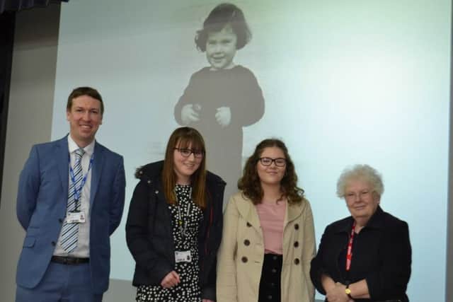 Matthew Davies, Head of History, with Sir William Robertson Academy Year 12 students Jessica Tagg and Elizabeth Richardson and holocaust survivor Joanna Millen. EMN-180520-114106001