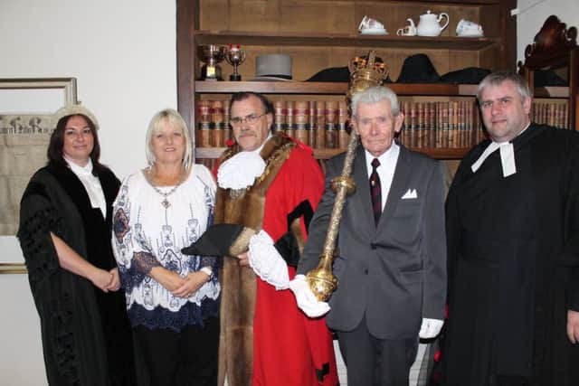The Mayor of Louth, Councillor George Horton, with his wife Julie, Town Clerk Lynda Phillips, Serjeant Glenn Darnell, and Reverend Nick Brown.