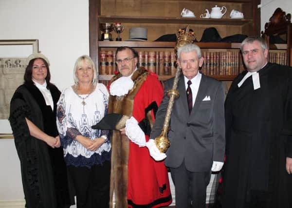 The Mayor of Louth, Councillor George Horton, with his wife Julie, Town Clerk Lynda Phillips, Serjeant Glenn Darnell, and Reverend Nick Brown.
