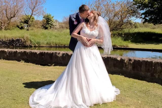 Newlyweds Laura and Patrick Justice shared their wedding day with Prince Harry and Meghan Markle. ANL-180521-112131001