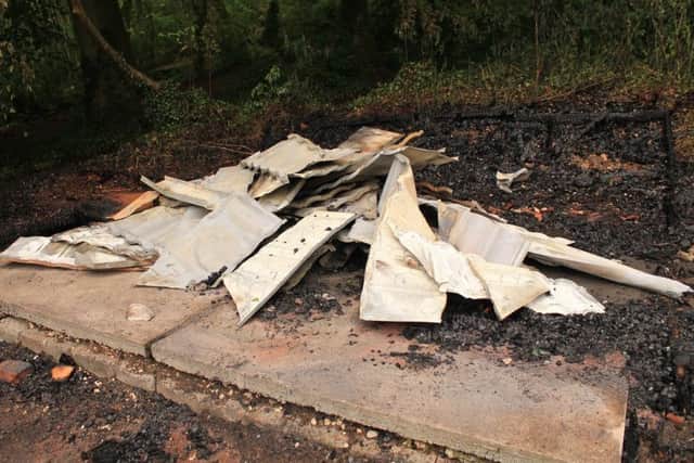 The remnants of the rain shelter which was burnt down by vandals on Bank Holiday Monday (May 28).