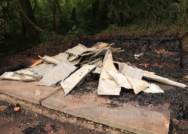 The remnants of the rain shelter which was burnt down by vandals on Bank Holiday Monday (May 28).