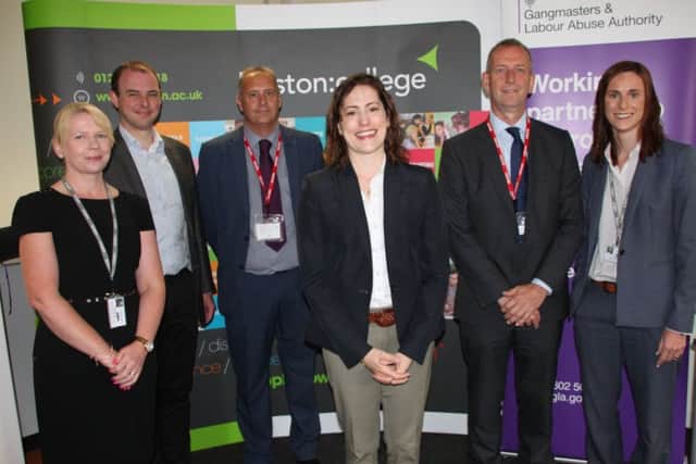 Pictured, from left, are: Kaley Boothby, Boston College; Matt Warman, Boston and Skegness MP; Frank Hanson, GLAA Policy Officer; Victoria Atkins, Minister for Crime, Safeguarding, Vulnerability and Women; Mark Heath, GLAA Deputy Director of Business Change; Jo Maher, Boston College Principal
