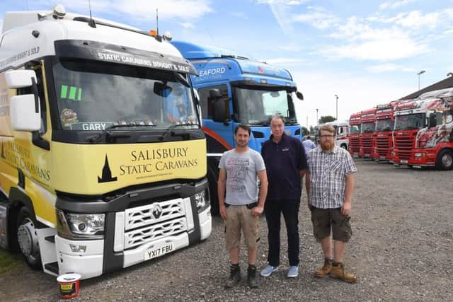 Drivers 4 Defib family fun day. Truck drivers L-R Gary Mawson of Salisbury Static Caravans, Sleaford Branch, Mark Hodgkinson - Sleaford Quality Foods, Jonathon Briers of Salisbury Static Caravans Sleaford Branch. EMN-180625-141125001