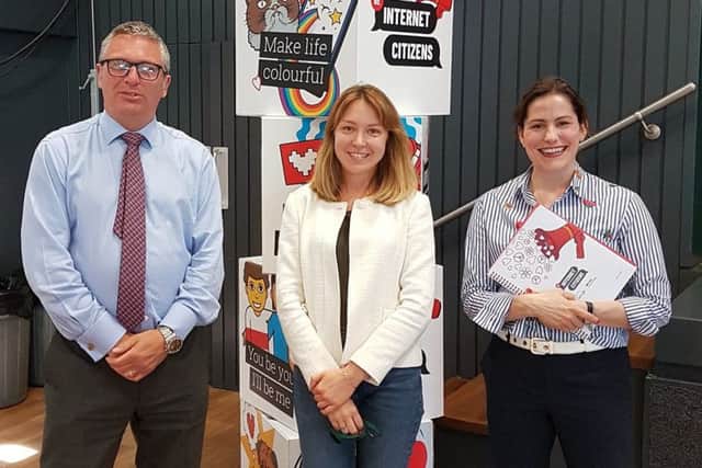 Banovallum Head teacher Grant Edgar, Lisa Belozerova from Google and Victoria Atkins MP, prior to Victoria speaking to the Year 10 students.