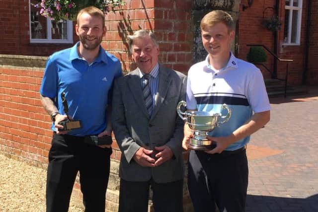 Club champion Sam Done (right) with Kenwick Park GC president Eric Sharp and nett winner Lee Jaines EMN-180625-172909002