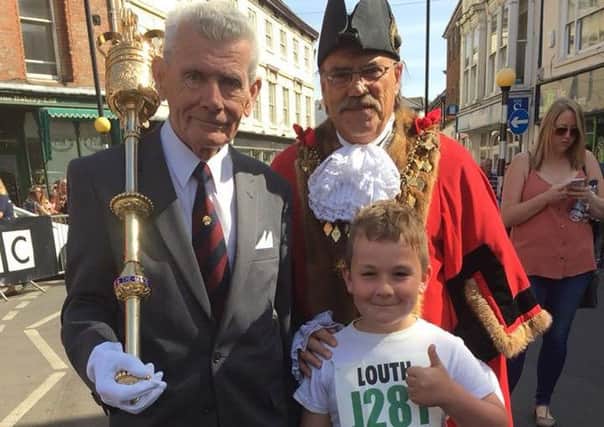 Jacob with the Mayor of Louth, Coun George Horton,  and the Mayors Serjeant Glenn Darnell.