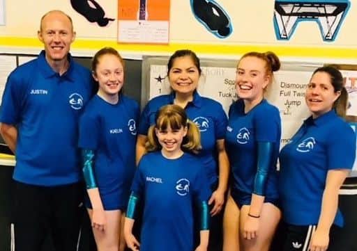Sleaford Elite double mini trampoline regional finalists, from left - coach Justin Brown, Kaelin Brown, head coach Patsy Shields, Rachel Shields, Naomi Ashby, welfare officer Leti Hernandez EMN-180507-084531002