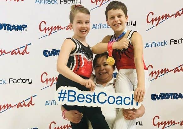 British Trampoline and Tumbling Championship qualifiers - Rachel Shields and Logan Somers, with head coach Patsy Shields EMN-180507-084541002