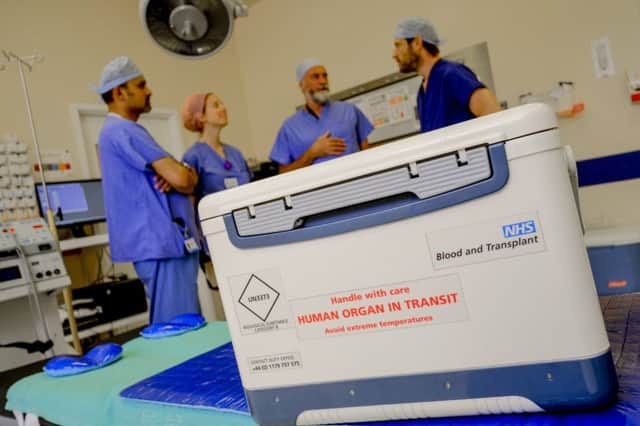 Organ donation box arriving at hospital for transplant operation.