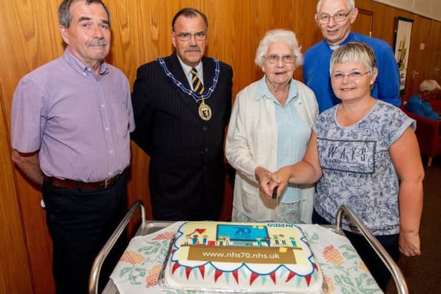 Allan Dunning (Secretary for the League of Friends of Louth Hospital); Mayor of Louth, Councillor George Horton; Audrey Pearce (started in 1949 at Grimsby Hospital and then spent over 30 years at Louth County Hospital); Rev David Newlove (Hospital Chaplain); Vivienne Benson (Ward Manager at Louth County Hospital with 31 years in the NHS).