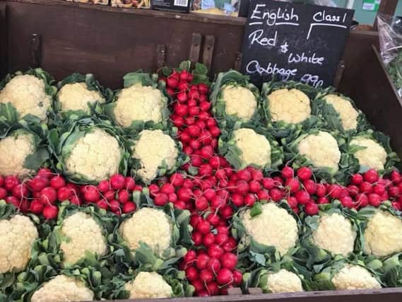 Gill Burton's healthy-eating alternative way of supporting England, her display at Manor farm Shop, Leasingham.