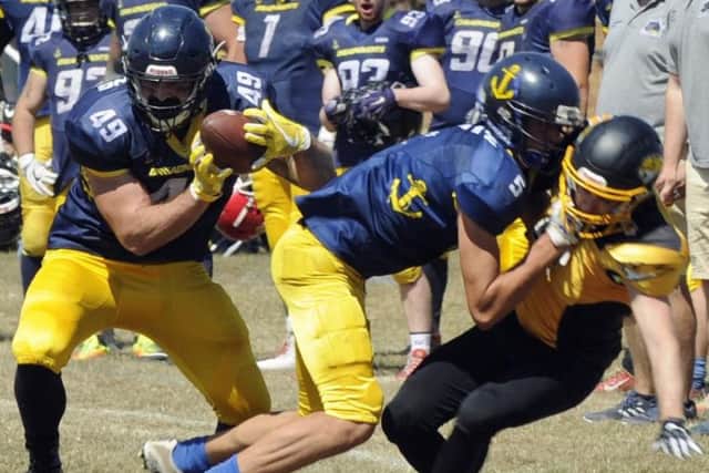 Portsmouth Dreadnoughts' Jack Flemming (with the ball) scored their final touchdown in the win against Hertfordshire Cheetahs. Picture: Ian Hargreaves