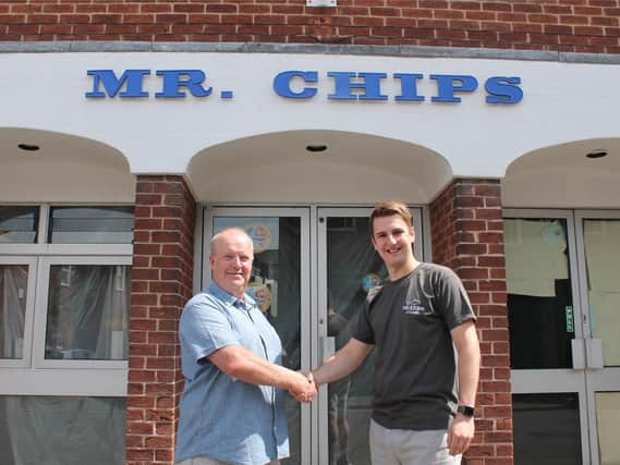 John Hagan and Oliver Crossland outside Mr Chips of Louth.