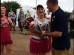 Bride to be Helen Church is congratulated by Heckington Show chairman Charles Pinchbeck as she crosses the line.