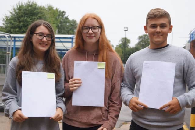 De Aston: Eve Stannard, left, will be heading to Nottingham University to study sociology; Jennifer Watson will be studying business management with human resources at Sheffield Hallam and Sam Barr-Rostron is also off to Sheffield Hallam, to study forensic accounting. EMN-180816-093446001