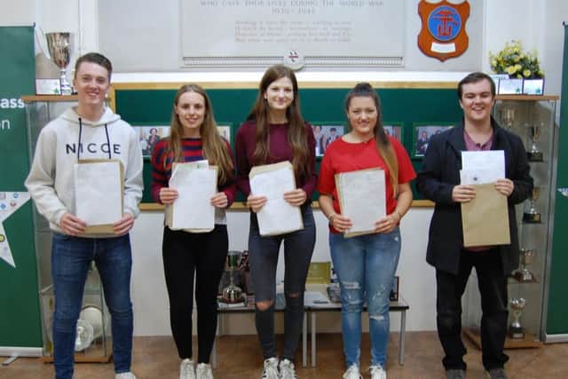 elebrating their A levels at Skegness Grammar School are (from left) Bradley Walker, Alexandra Massey, Lucy Matsagoura, Kenzie Mills and Daniel Catling. ANL-180816-092530001